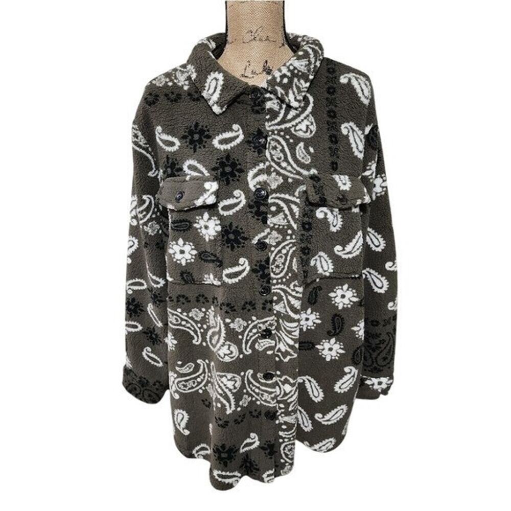 Como Blu Women Plus 3X Bandana Paisley Faux Fur Sherpa Shacket Olive Green New